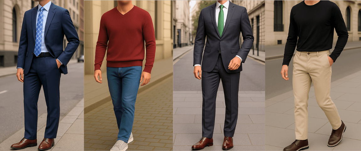 Trejes, calça jeans, sarja